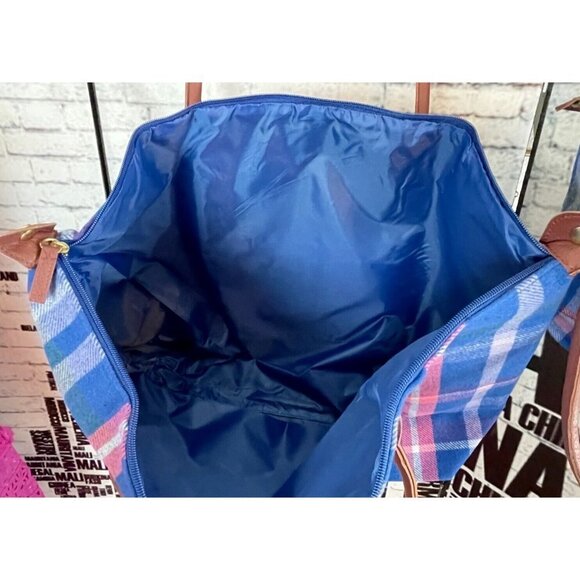 Woman Within Blue-Pink Plaid Flannel Faux Leather Handles 2 Piece Tote Set - Picture 6 of 7